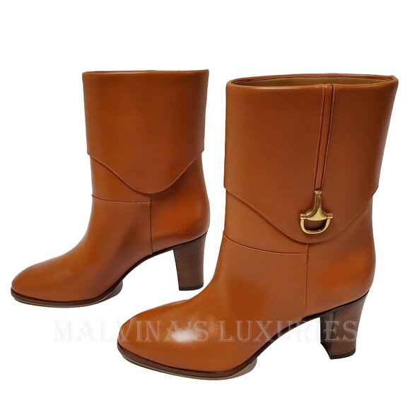 GUCCI BOOTS ELIZABETH HEELED ANKLE BROWN LEATHER w HORSEBIT - Picture 7 of 16